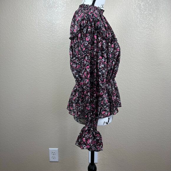 Zara black blouse Floral print Long sleeve peplum top boho romantic size M - Picture 7 of 13
